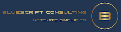 Logo for Bluescript Consulting with gold text reading 'BLUESCRIPT CONSULTING NETSUITE SIMPLIFIED' on a dark blue background, next to a gold letter 'B' in a circle.